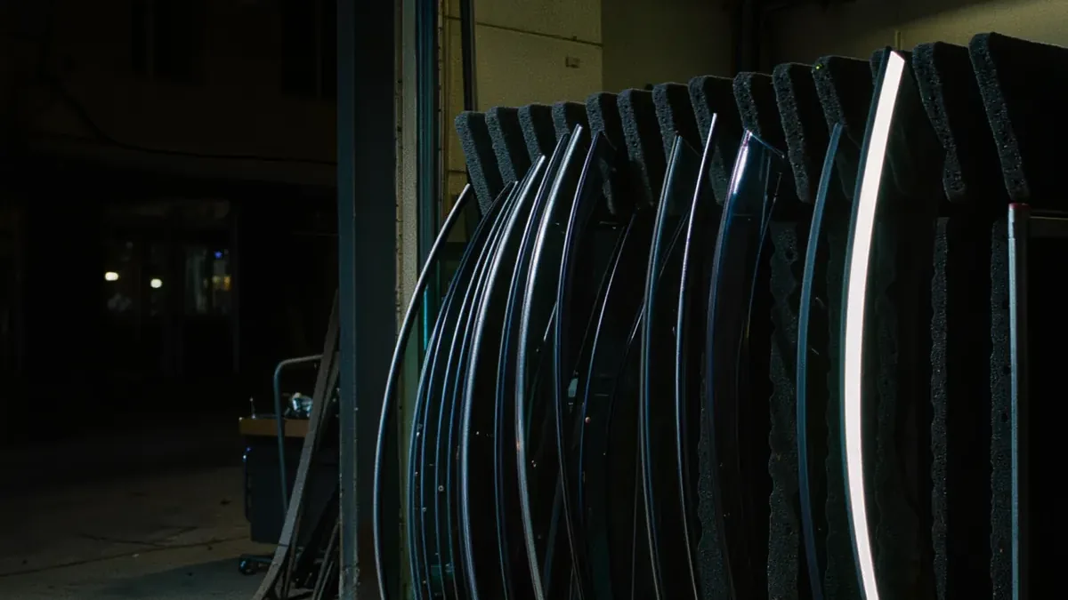 A rack of curved auto glass standing on edge in the shop bay, each windshield separated by foam padding
