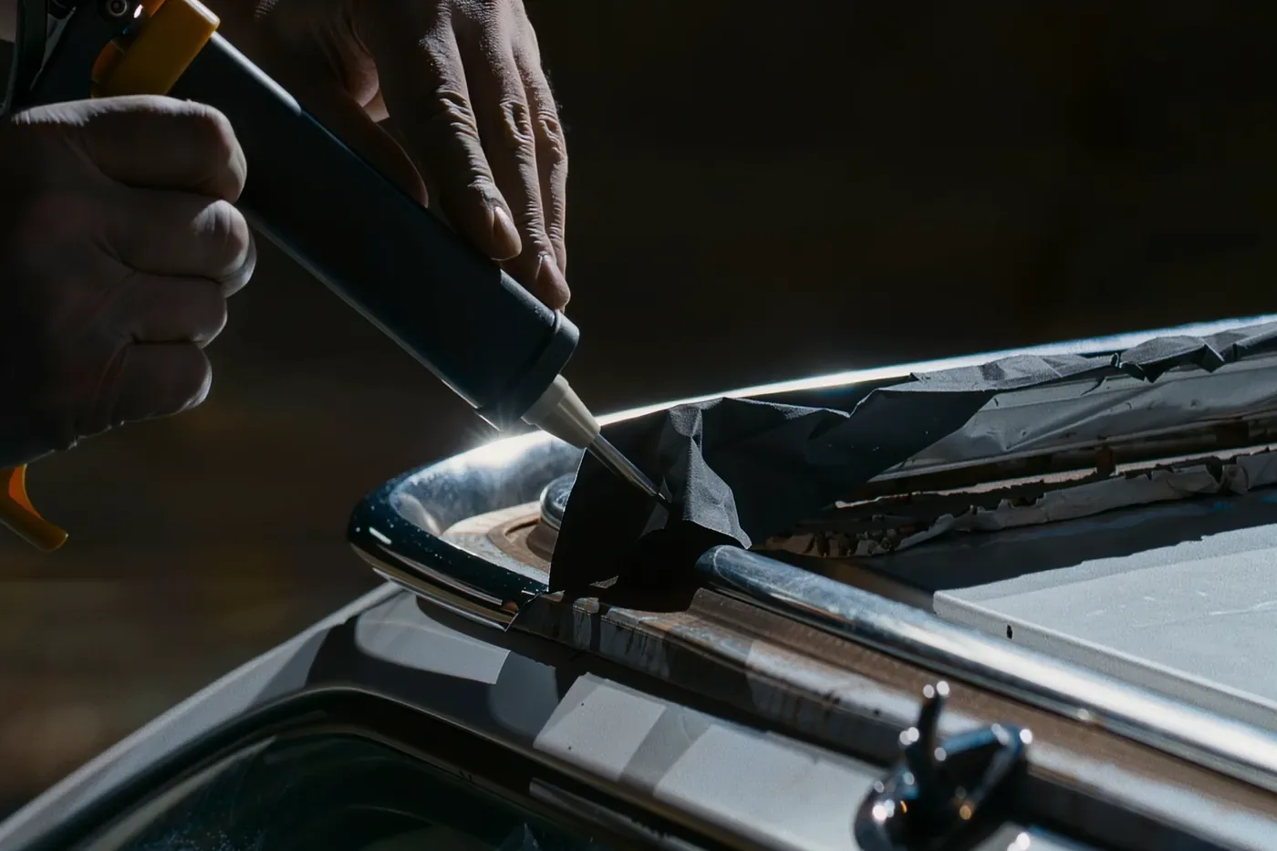 A technician laying a bead of urethane along a taped windshield opening before setting the new glass